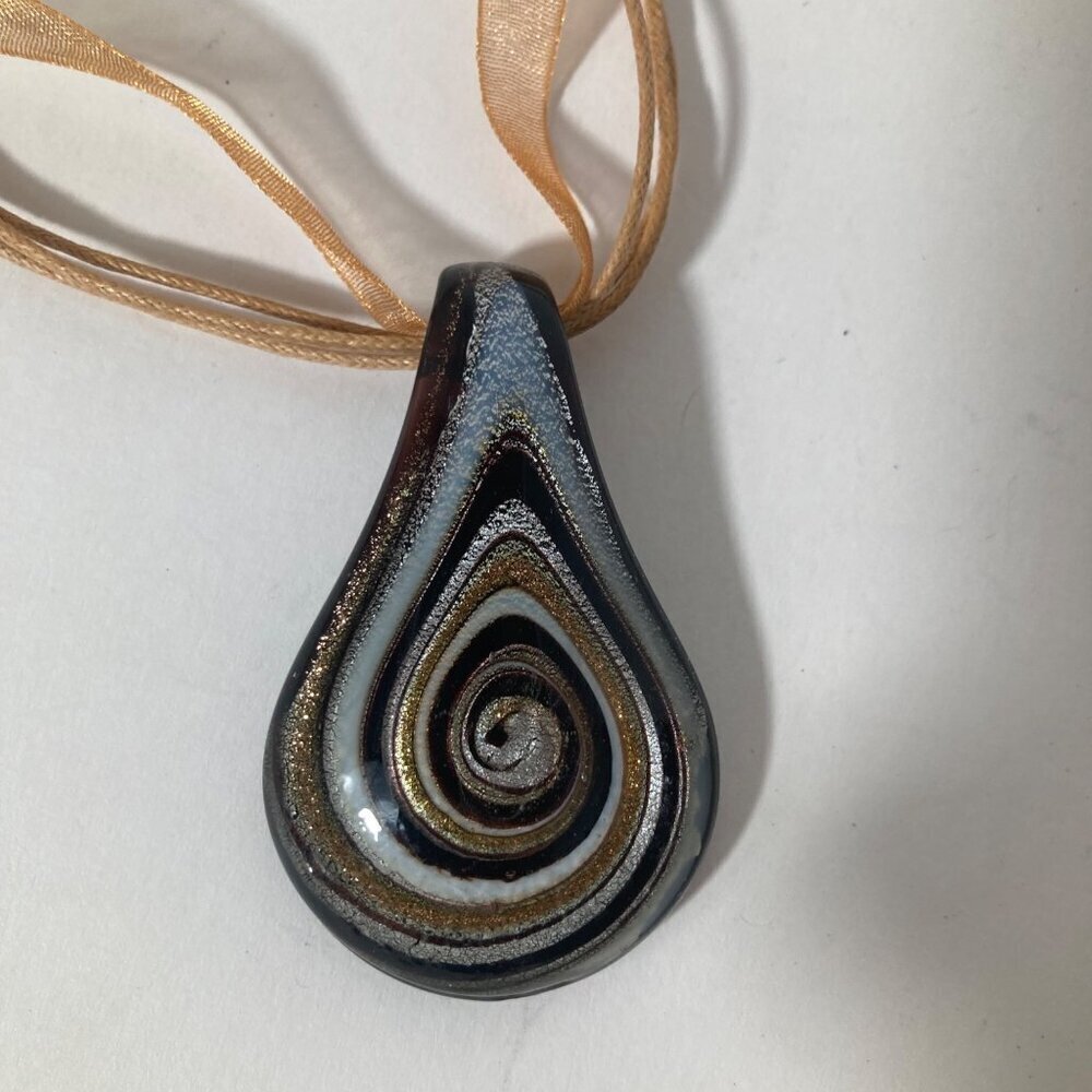 Dichroic Glass Choker Necklace Black Silver Gold Swirls 8"